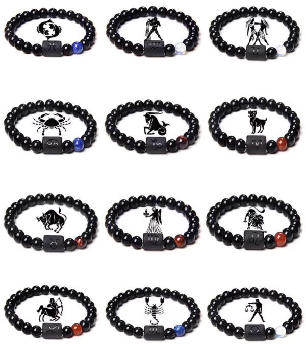 Bracelet en pierre d'onyx noir naturel,12 signes du zodiaque – Image 4