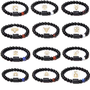 Bracelet en pierre d’onyx noir naturel,12 signes du zodiaque