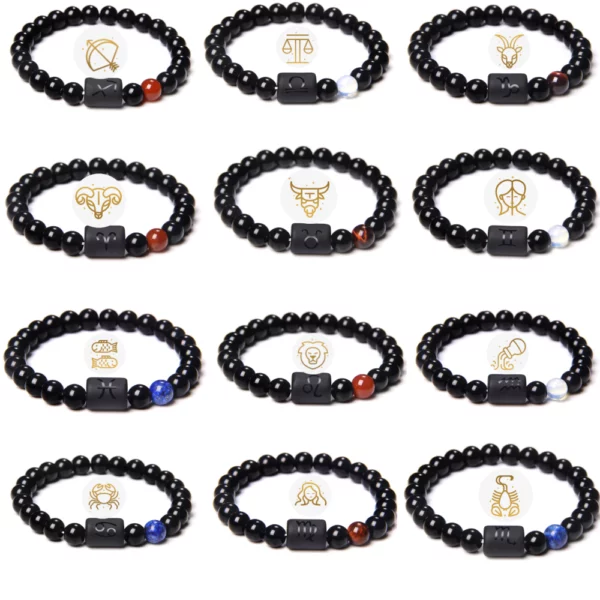 Bracelet en pierre d'onyx noir naturel,12 signes du zodiaque